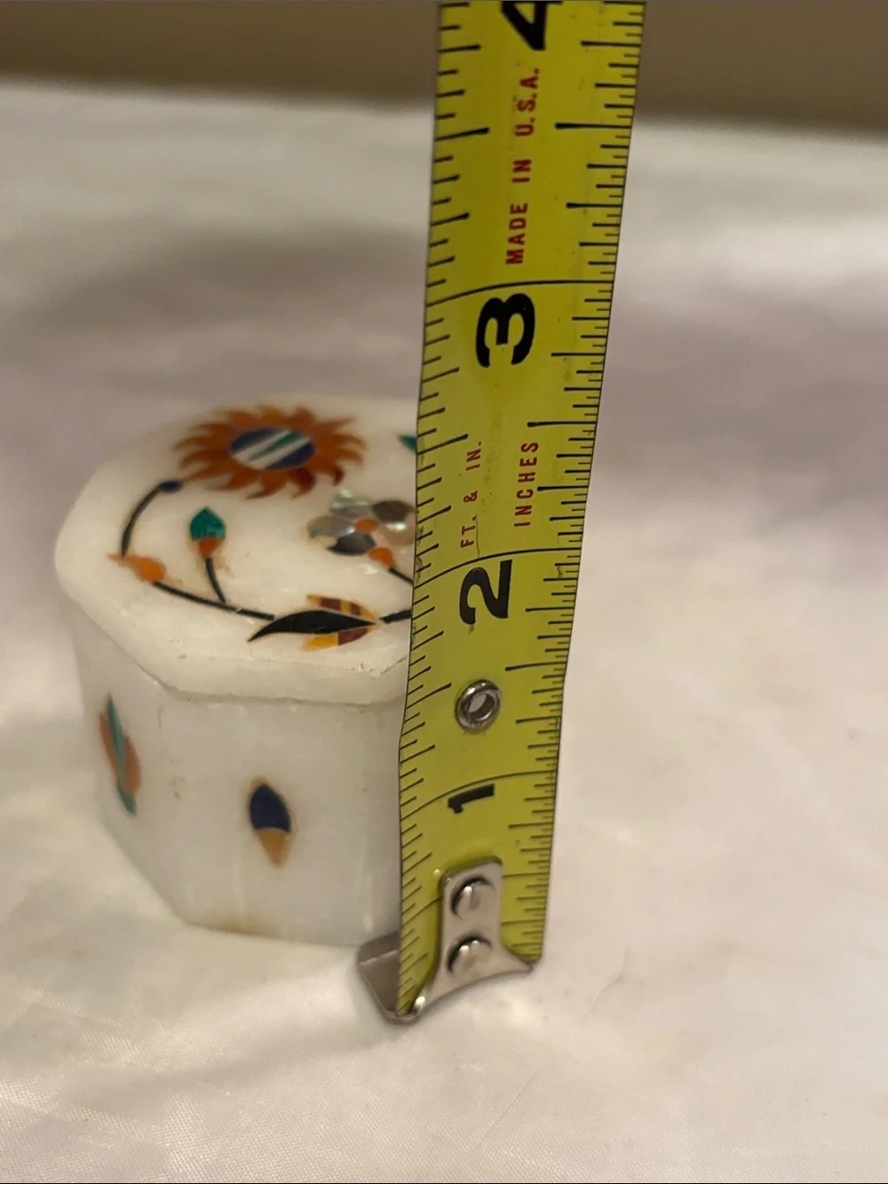 Vintage Soapstone Jewelry Trinket Box with Inlay Floral Design - White